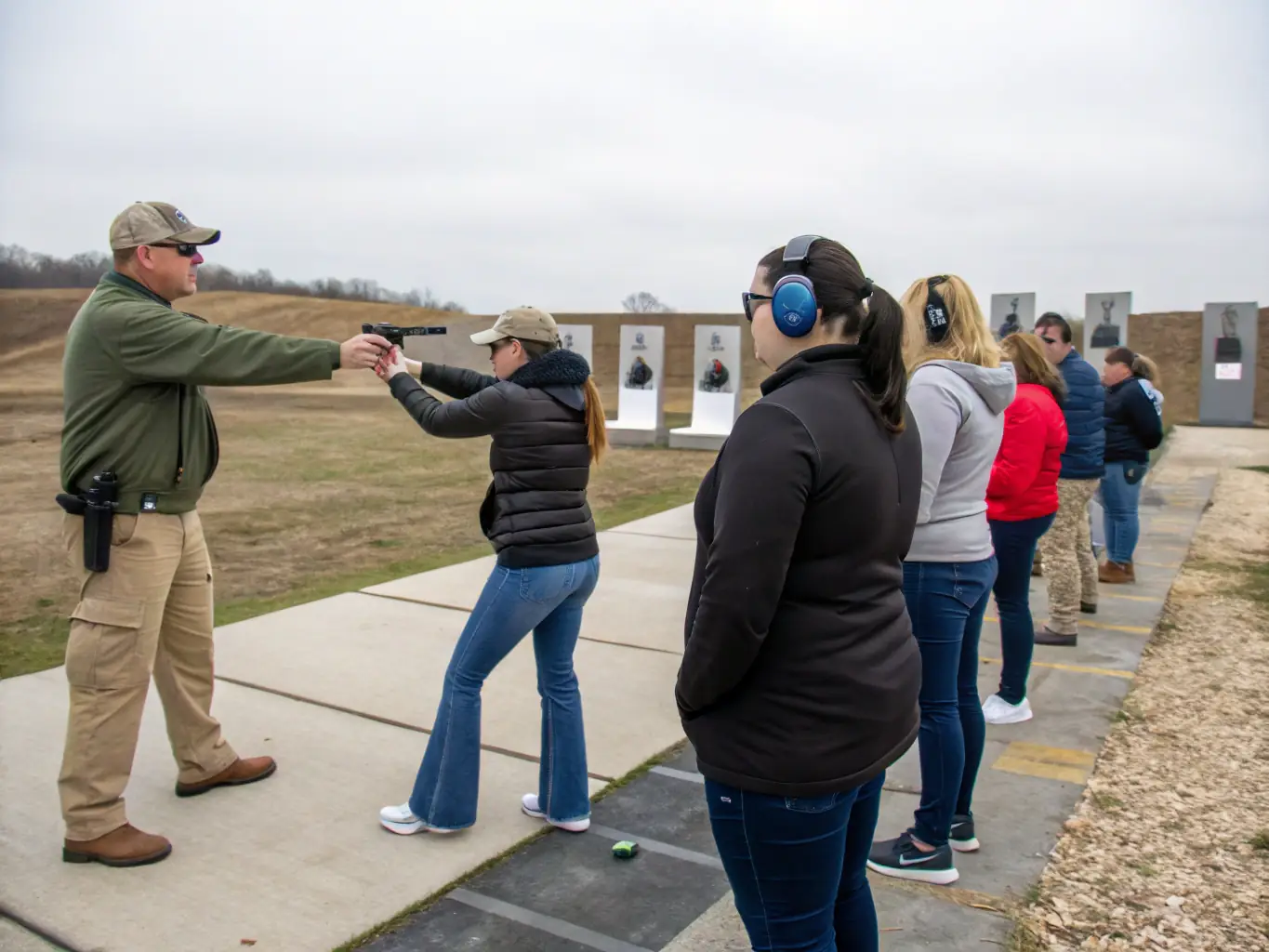 A group of clay pigeon shooters participating in a training session at the BALL TRAP CLUB DIJONNAIS, with an instructor providing guidance.