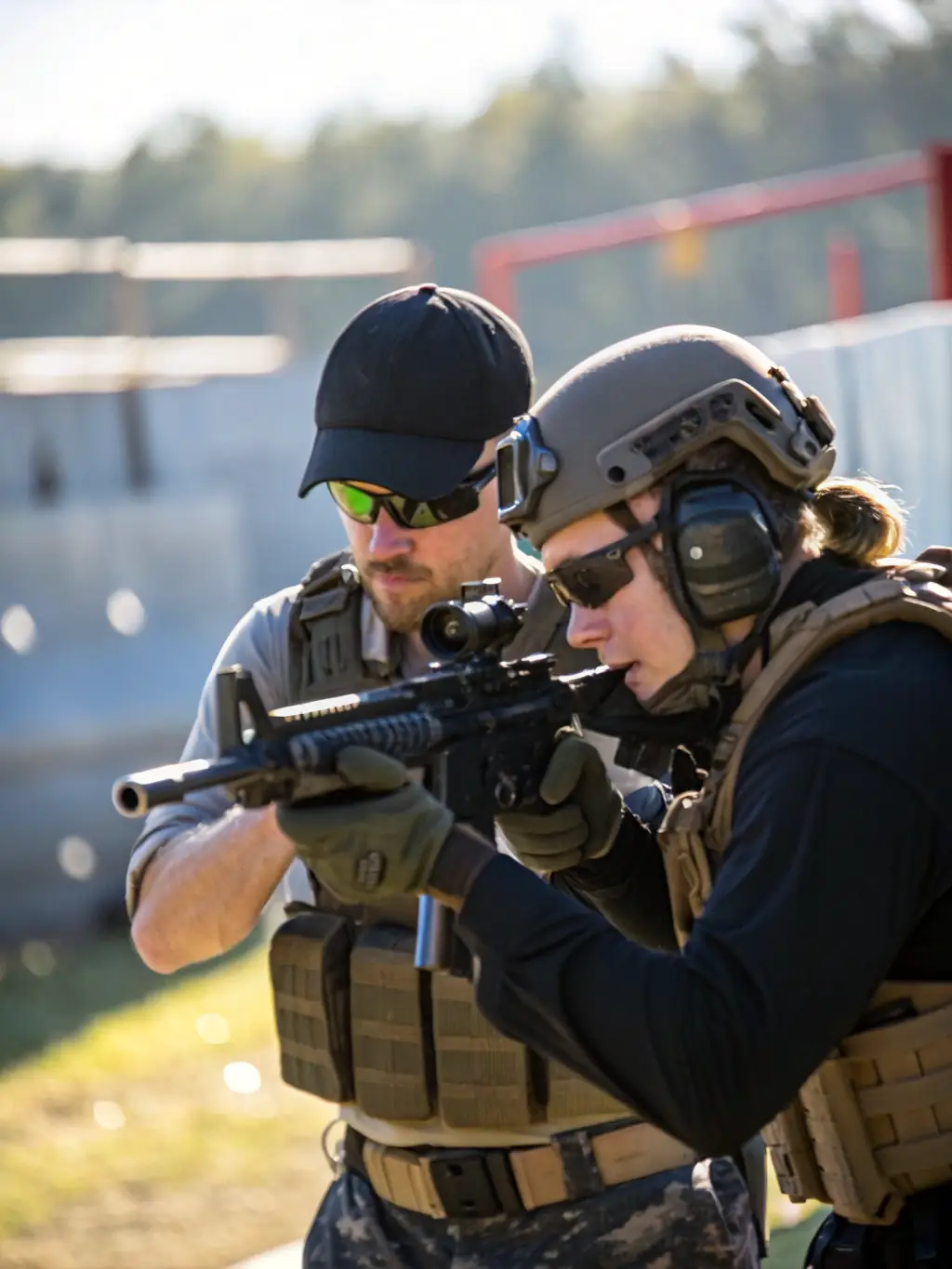 A photograph of a young shooter being coached by an experienced instructor, emphasizing the club's commitment to youth development and mentorship in the sport.