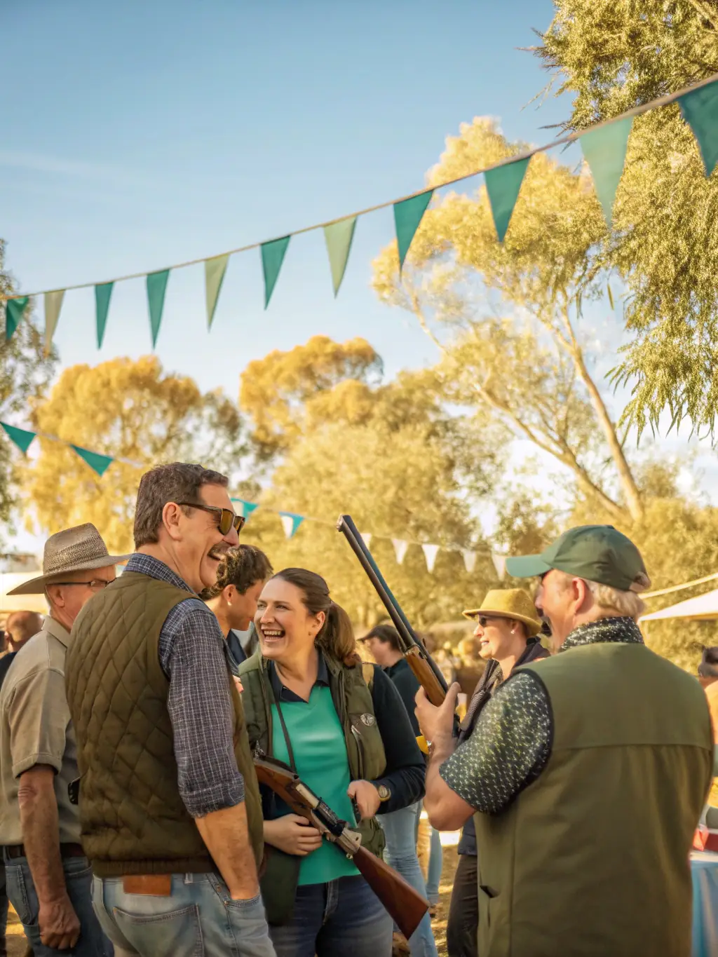 A group of club members gathered around a shooting range, laughing and sharing tips, showcasing the social and community aspect of the BALL TRAP CLUB DIJONNAIS.